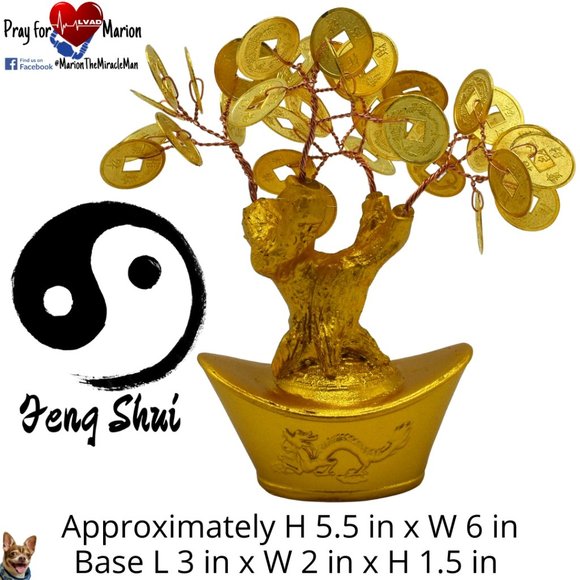 Golden 5.5 In Chinese Lucky Coin Tree on Gold Ingot Feng Shui Wealth Prosperity - Picture 1 of 4